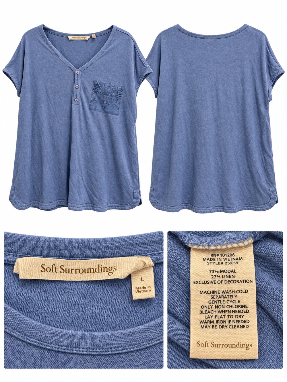 Soft Surroundings Blue Modal Linen Top, Size L - Picture 1 of 1